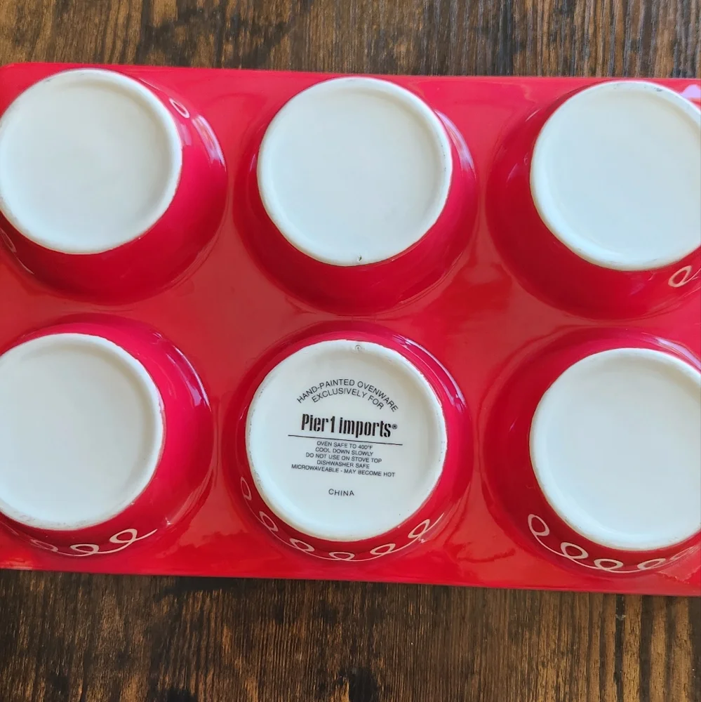 Pier 1 Hand Painted Muffin/Cupcake Ovenware
